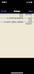 [42s RPN CalculatorでのTAN(355/226)の計算結果(印字)]