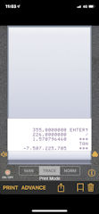 [i41CX+でのTAN(355/226)の計算結果(印字)]
