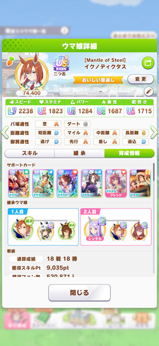 [やさじ氏設定で育成したイクノの育成結果]